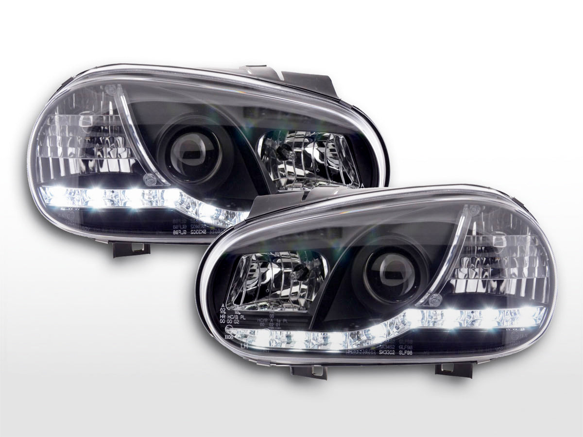 Scheinwerfer Set Daylight LED Tagfahrlicht VW Golf 4 97-03 schwarz für Rechtslenker Scheinwerfer Set Daylight LED Tagfahrlicht VW Golf 4 97-03 schwarz für Rechtslenker